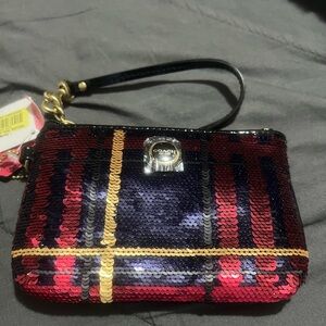 Coach plaid blue and red  sequins wristlet wallet.  Brand new with tags
